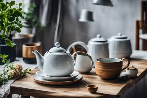 A teapot and an elegant ceramic cup in a hygge style living space, combining comfort and modern aesthetics