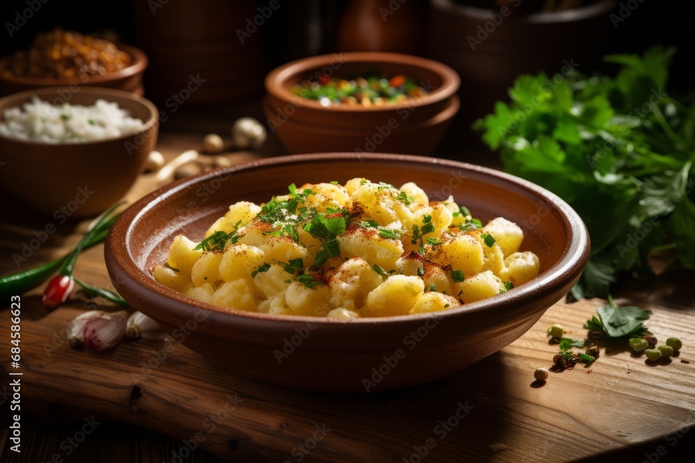 A close-up shot of a bowl of freshly cooked hominy, garnished with herbs and spices, served on a rustic wooden table with a spoon on the side, under soft, warm lighting