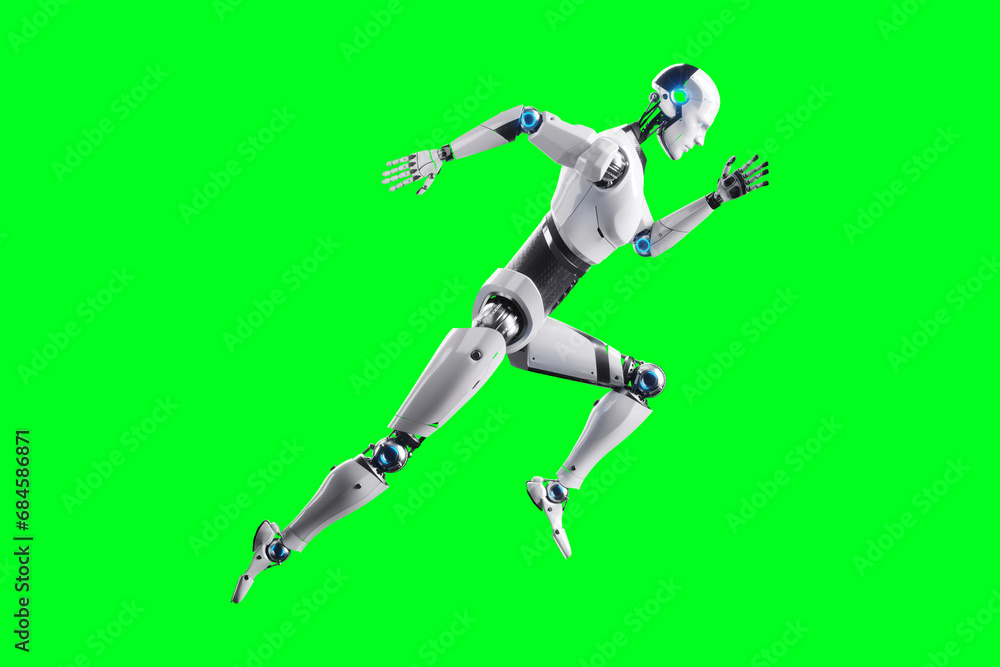 Technological modern robot, full body, in running pose on green background. Neural networks and artificial intelligence, technology, machine learning. 3D illustration, 3D rendering, copy space