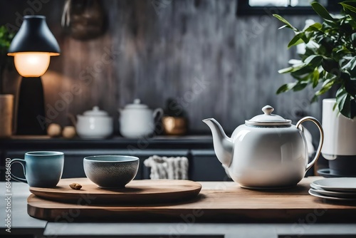 A teapot and an elegant ceramic cup in a hygge style living space, combining comfort and modern aesthetics