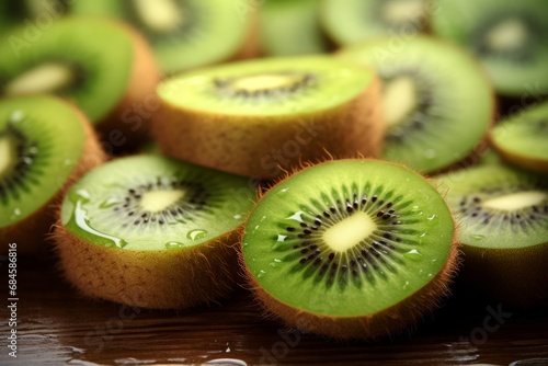 A vibrant close-up shot of a freshly sliced kiwi, its radiant green flesh sparkling with juice droplets, surrounded by a few whole kiwis on a rustic wooden table