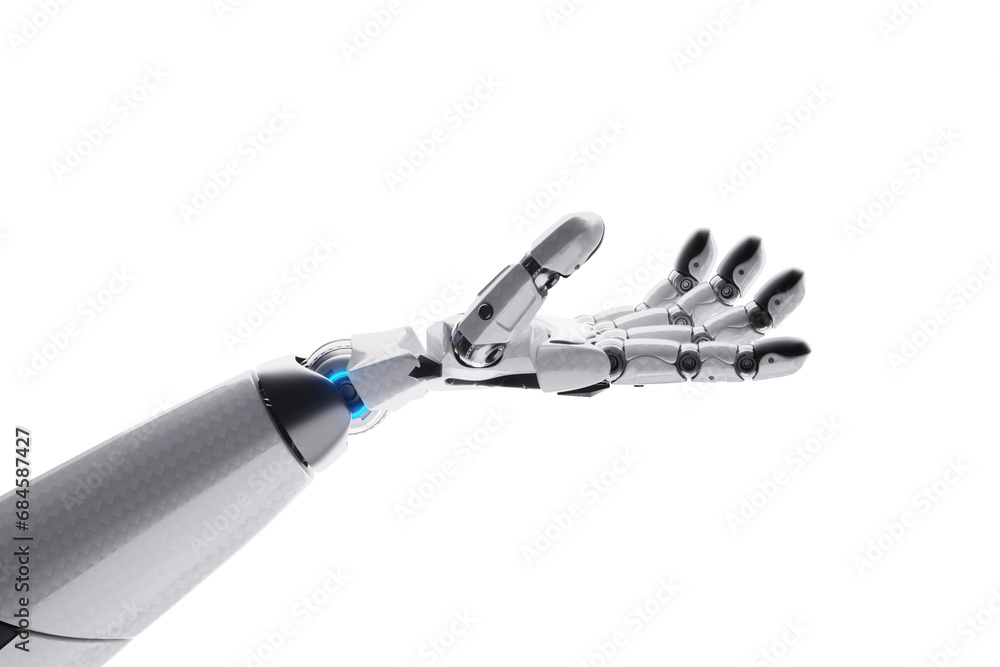 Fototapeta premium Technological robot shows its hand with palm up. Neural networks and Artificial Intelligence, scientific background, AI analyzing information. 3D illustration, 3D rendering, copy space.