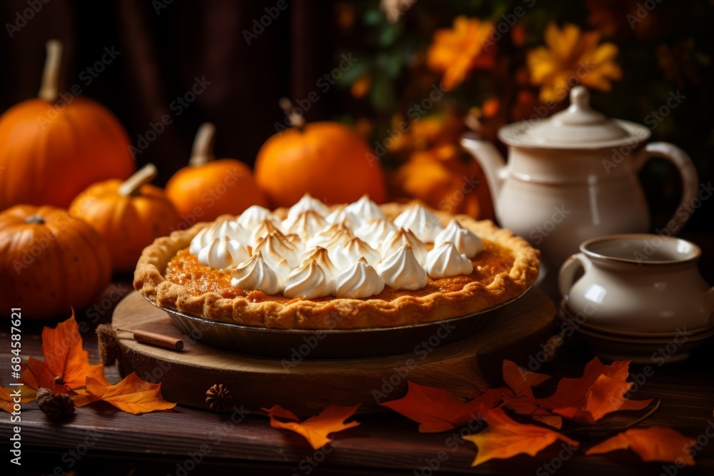 A homemade pumpkin pie fresh from the oven, topped with a dollop of whipped cream, placed on a rustic wooden table, with a backdrop of autumn leaves, creating a warm Thanksgiving ambiance