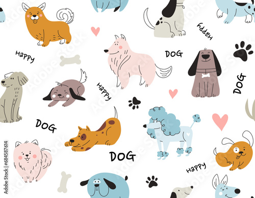 Doodle dog seamless pattern. Repeating design element for printing on fabric. Cute puppies near footprints. Pets and domestic animals with inscriptions. Cartoon flat vector illustration