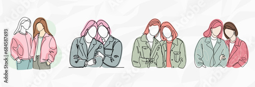 Bundle mit Lineart-Illustrationen von lesbischen Pärchen in bunten, modischen Klamotten