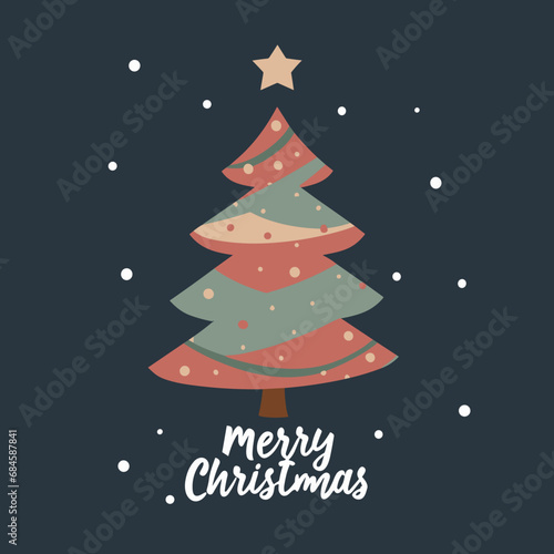 Merry Christmas and Happy New Year Set of greeting cards, posters, holiday covers. Xmas Design with beautiful snowflakes in modern line art style on red background. Christmas tree, border frame, decor