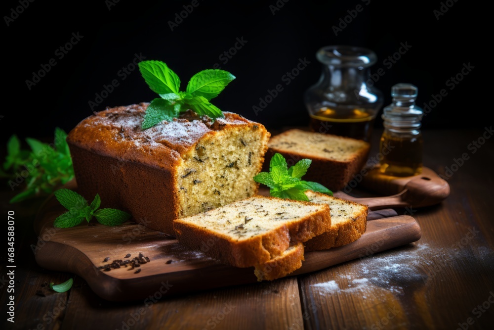 A beautifully baked, traditional caraway seed cake, served on a rustic wooden table, garnished with fresh mint leaves and a dusting of powdered sugar