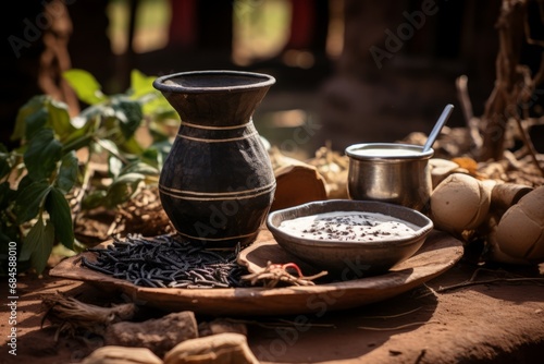 A traditional Kenyan beverage, Mursik, served in a calabash gourd, with fermented milk and charcoal, embodying the rich cultural heritage of the Kalenjin community photo