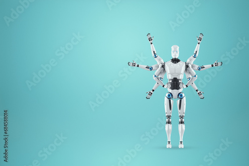 Valokuva Modern Robot with many arms, multifunctional robot isolated on blue background