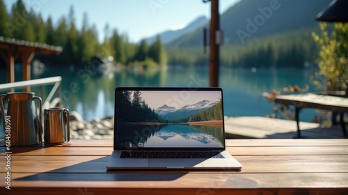 Photo Remote work from a lakeside photo realistic illustration - Generative AI