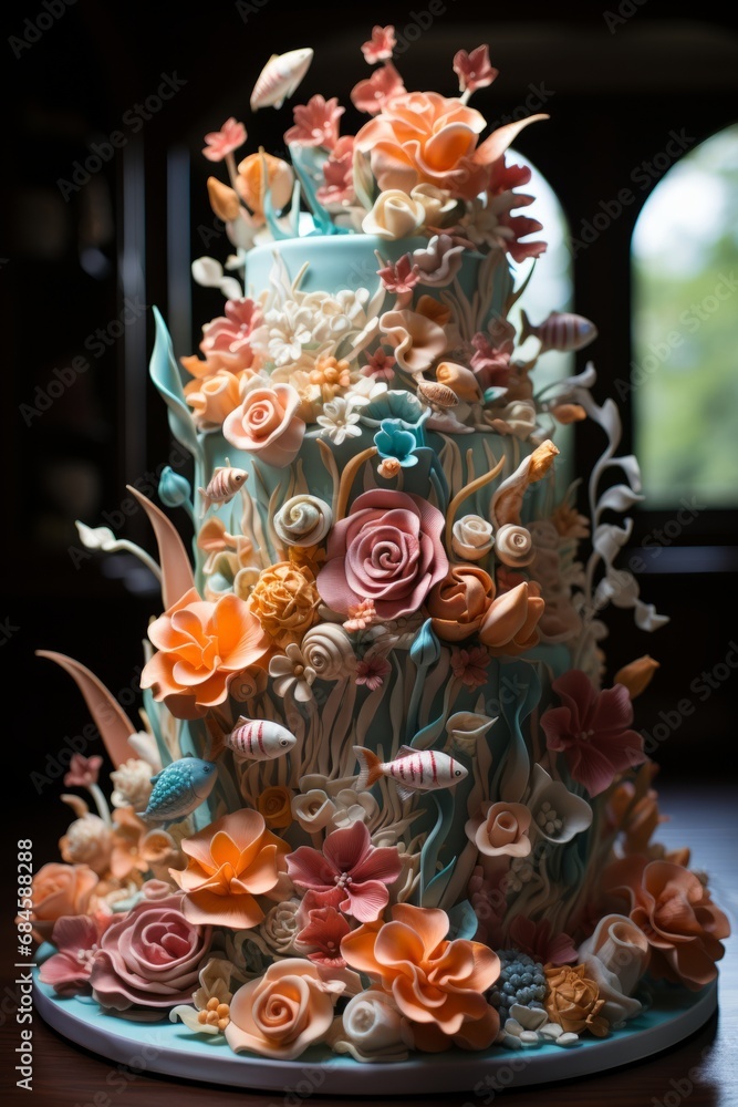 Whimsical under the sea birthday cake with fondant sea creatures and ocean-inspired decorations, Generative AI
