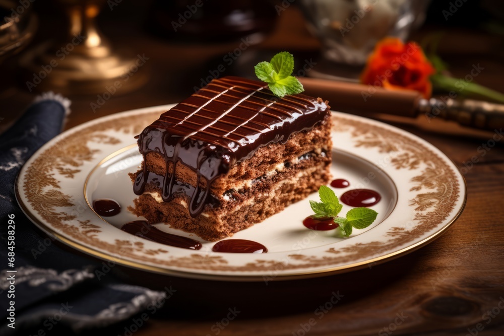 A delectable piece of Rigo Jancsi, a traditional Hungarian chocolate sponge cake filled with chocolate mousse and topped with a glossy chocolate glaze, served on a vintage porcelain plate A delectable piece of Rigo Jancsi, a traditional Hungarian chocolate sponge cake filled with chocolate mousse and topped with a glossy chocolate glaze, served on a vintage porcelain plate
