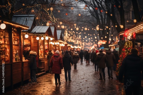 People in Christmas market, an illuminated street. Festive new year lights.