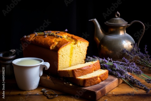 A delicious homemade Madeira cake, freshly baked and golden brown, sitting on a rustic wooden table with a cup of tea, a vintage teapot, and a bunch of lavender on the side