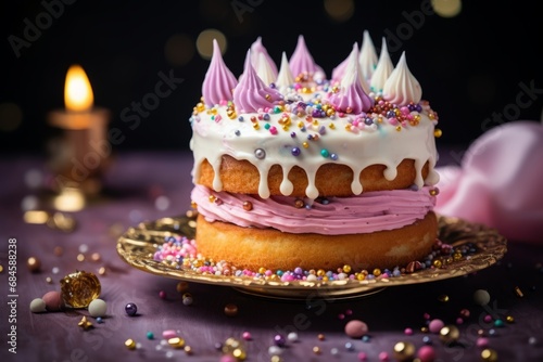 A beautifully decorated Queen Cake, adorned with colorful icing and sprinkles, sitting on a rustic wooden table, ready to be served at a festive celebration
