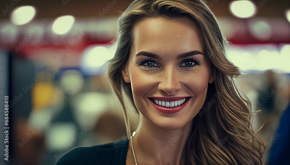 Zufriedenheit im Job im Beruf, Alltag bei der Arbeit, Glücklich im Beruf, Berufswahl - junge hübsche Frau lächelt Portrait Verkäuferin Generative AI