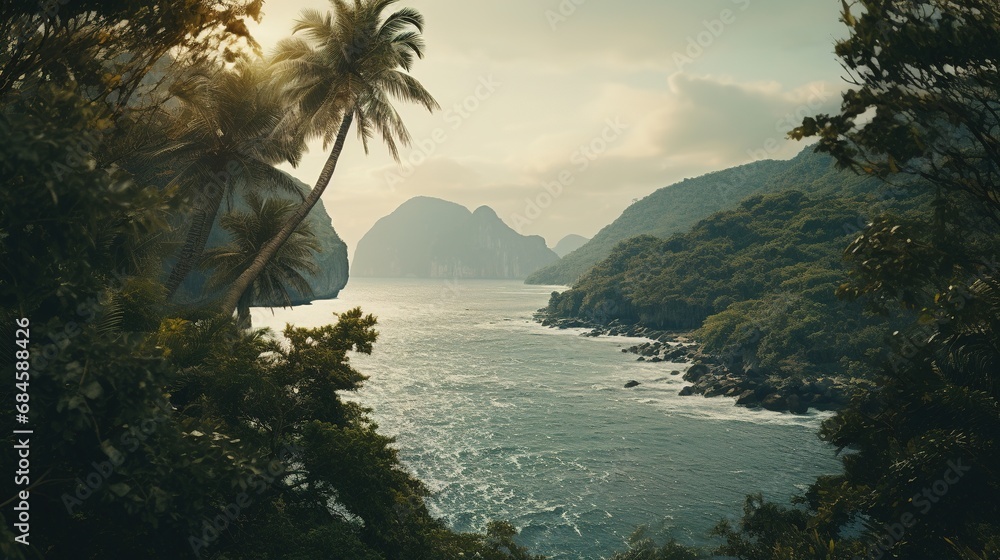 Photography Generative AI, Amazonian jungle foggy landscape, tropical rainforest with palm t