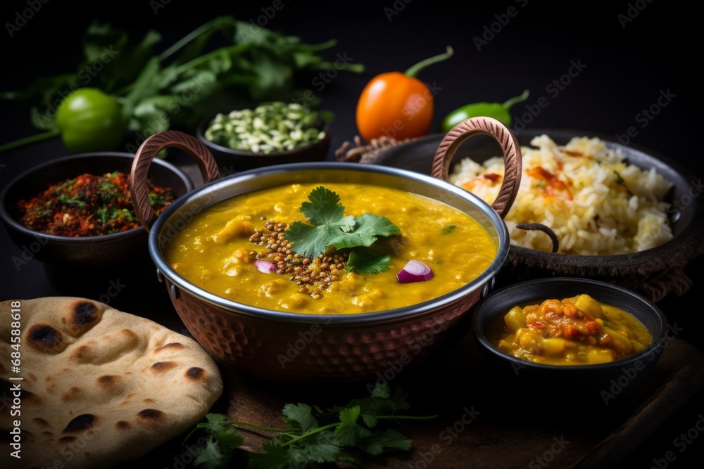 A vibrant, aromatic bowl of Indian Dal, simmered to perfection with a blend of spices, served with warm naan bread and garnished with fresh coriander leaves, a glimpse into Indian cuisine A vibrant, aromatic bowl of Indian Dal, simmered to perfection with a blend of spices, served with warm naan bread and garnished with fresh coriander leaves, a glimpse into Indian cuisine