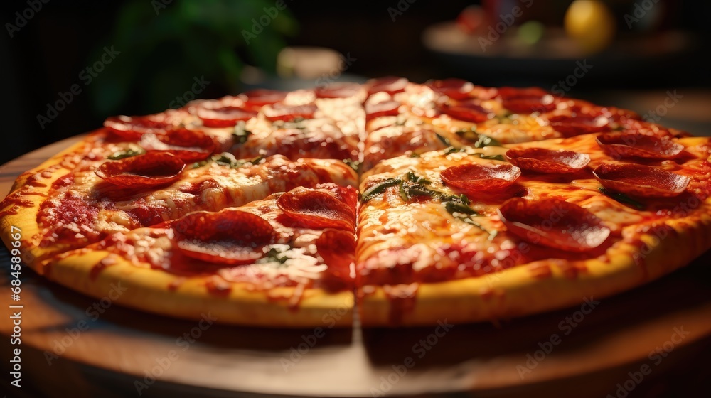 Whole italian pizza on wood table with ingredients. AI generated. Whole italian pizza on wood table with ingredients. AI generated.