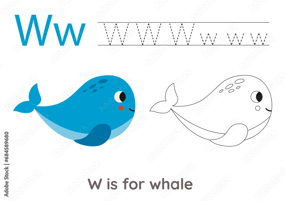 Tracing alphabet letters with cute animals. Color cute whale. Trace ...