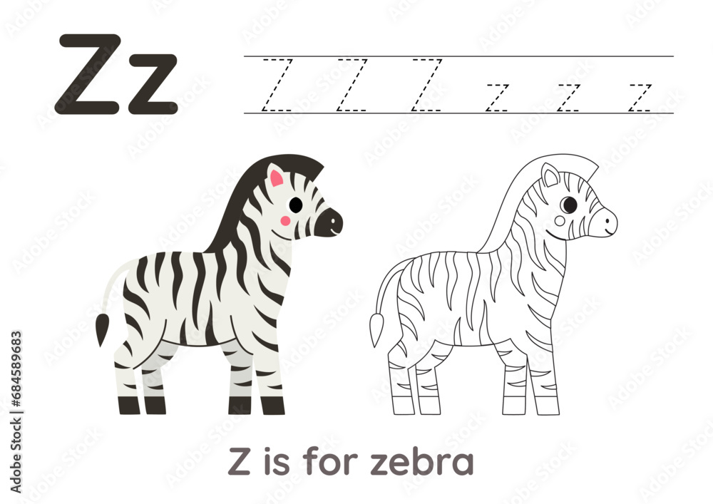 Tracing alphabet letters with cute animals. Color cute zebra. Trace letter Z. Tracing alphabet letters with cute animals. Color cute zebra. Trace letter Z.