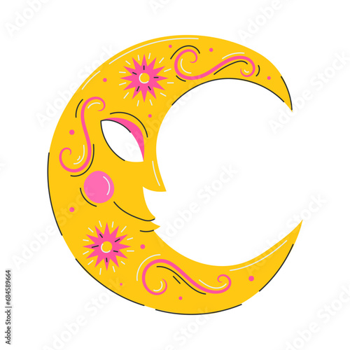 Decorated crescent with a face. Carnival mask with a pattern. The symbol of Mardi Gras, the Brazilian carnival. A decorative element in a flat style. Vector illustration isolated on white background.