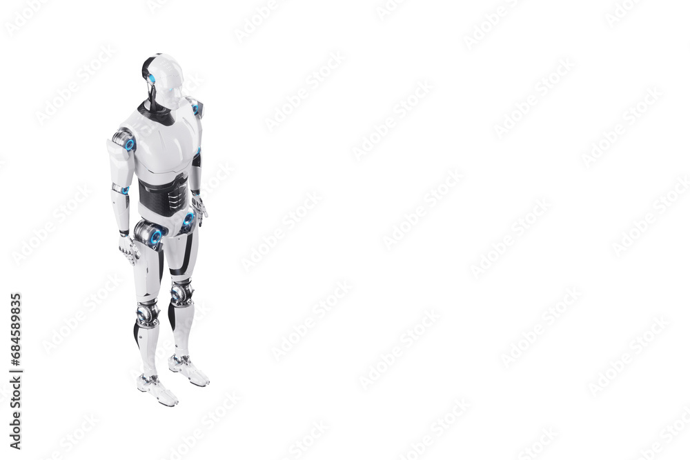 Technological modern robot full body robot isolated on white background, photorealism. Neural networks and Artificial intelligence, technology. 3D illustration, 3D rendering, copy space.