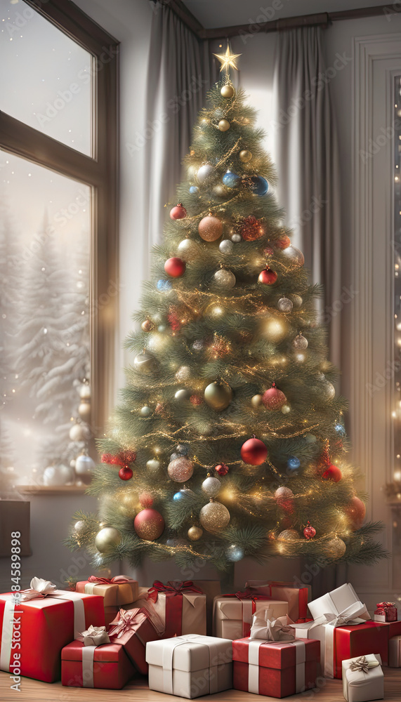 vertical image, gifts under the Christmas tree, christmas tree in the house,
