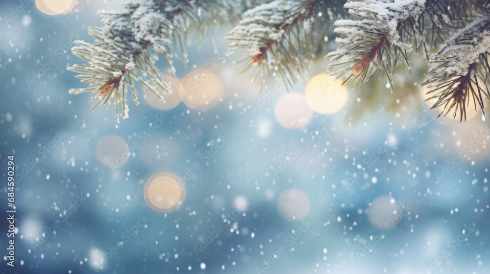 Christmas background with tree branches, snow and bokeh. Merry Xmas card with space for text Christmas background with tree branches, snow and bokeh. Merry Xmas card with space for text