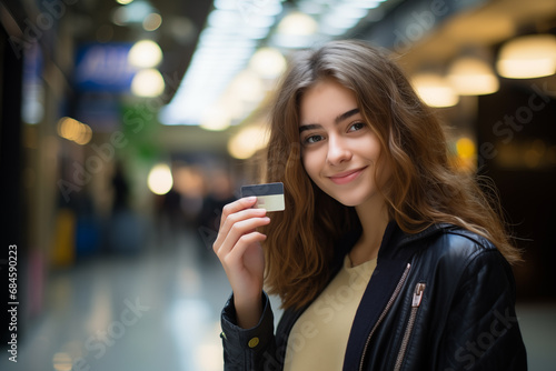 Teenage girl in mall holds creit card