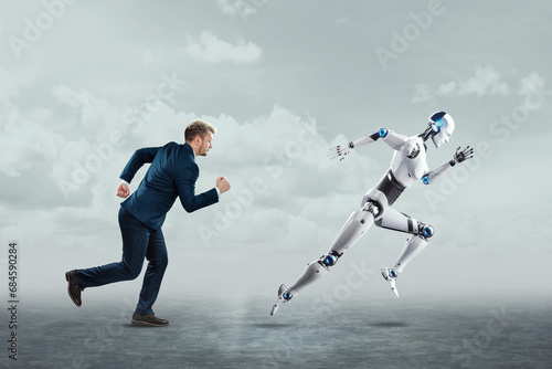 A robot machine or android wins a race with a human and finishes first. The superiority of artificial intelligence, neural network, technology. 3D illustration, 3D rendering, copy space.