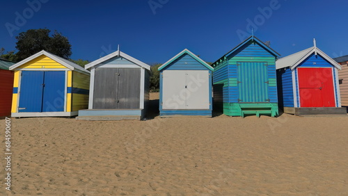 Partial row of the 82 brightly painted Victorian bathing boxes on Dendy Street Beach, Brighton suburb. Melbourne-Australia-899 © rweisswald