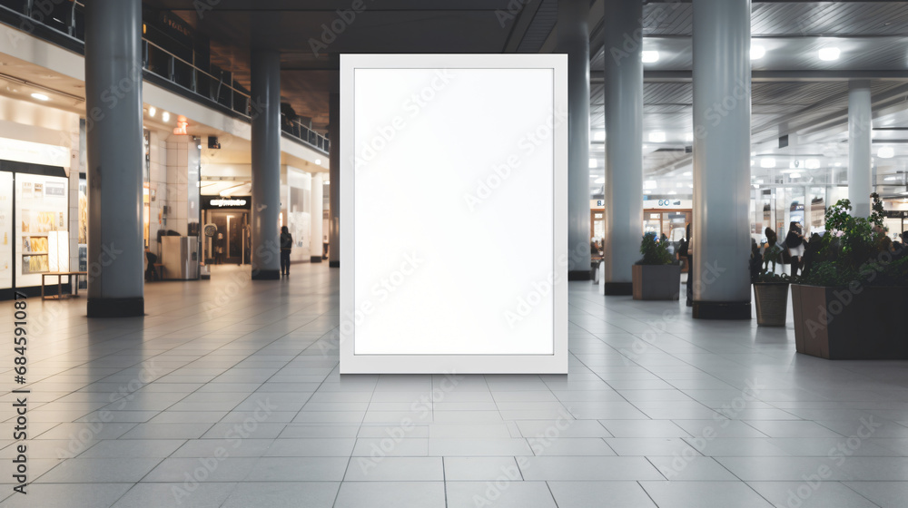 A white poster in a mall with a white frame.