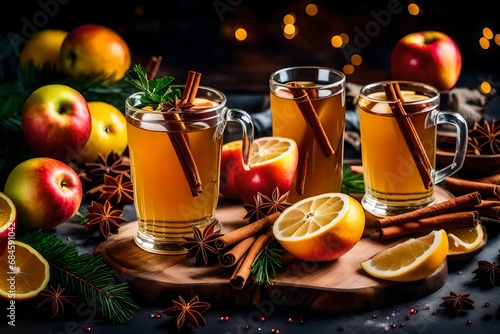drink for New Year, Christmas or autumn holidays. Mulled cider or spiced tea, or mulled white wine with lemon, apples, cinnamon and anise
