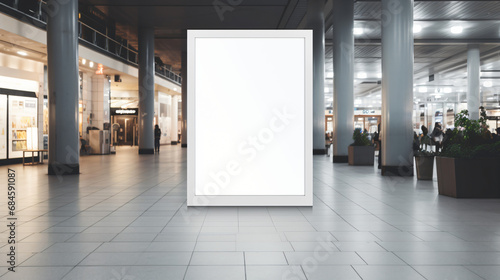 A white poster in a mall with a white frame.