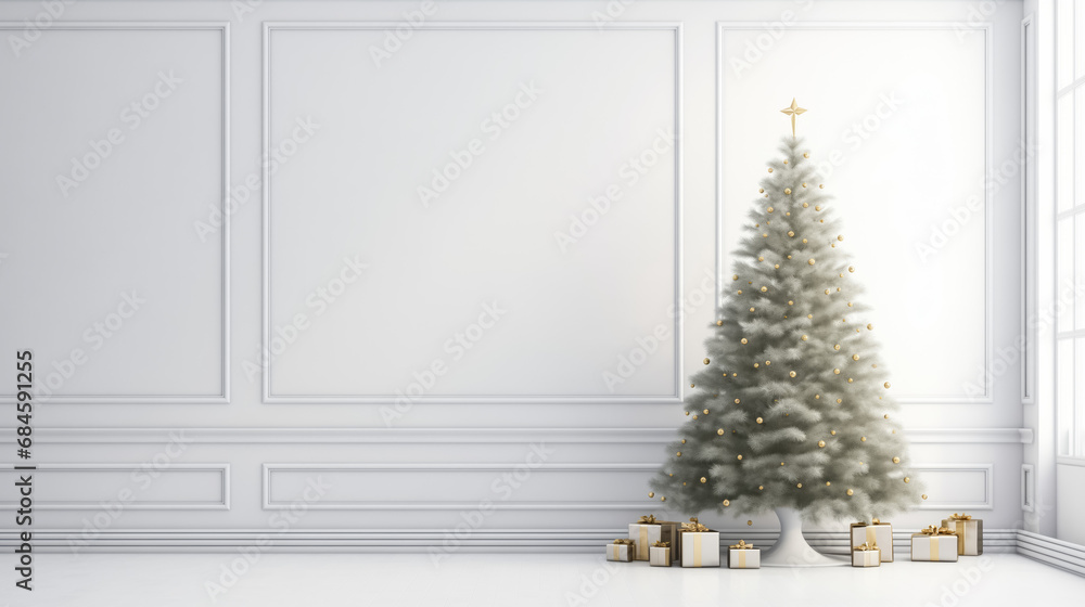 Elegant christmas tree with golden ornaments and gifts in bright room Elegant christmas tree with golden ornaments and gifts in bright room