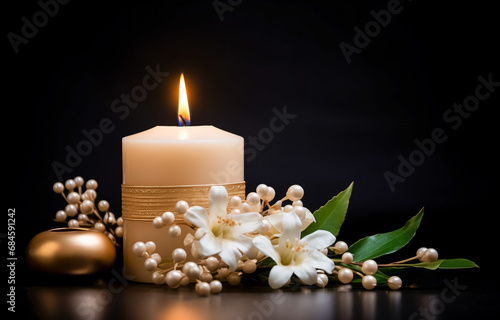 Elegant candle with white flowers and golden pearls on dark background
