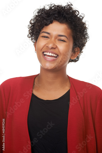 Woman, laughing and happy in portrait, studio and funny joke or comedy, fun and white background. Female person, silly and humor or goofy, comic and positive mindset or excited, freedom and mockup