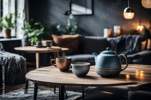 A teapot and an elegant ceramic cup in a hygge style living space  combining comfort and modern aesthetics