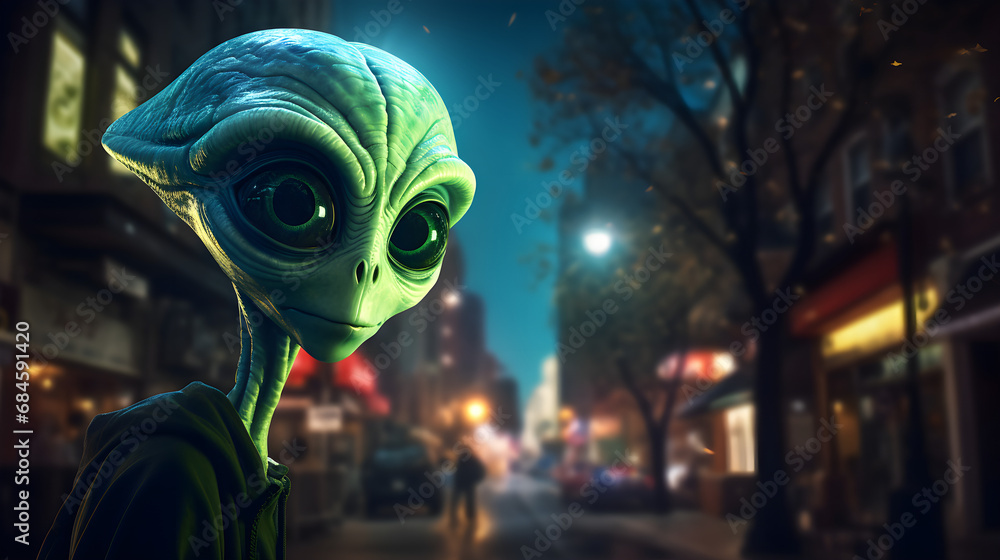 Green alien on the night bright street