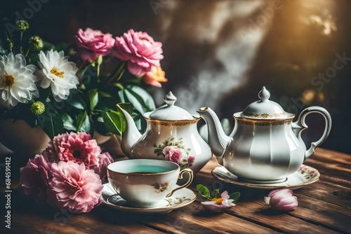 Vintage tone photo of tea cup teapot and flowers creating a charming atmosphere photo