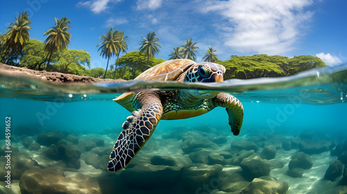 An endangered Hawaiian Green Sea Turtle cruises in the warm shallow waters of the Pacific Ocean,Generated Ai