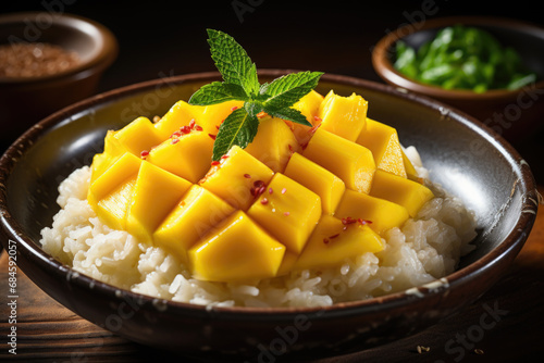 Mango sticky rice in ceramic plate . © skunevski