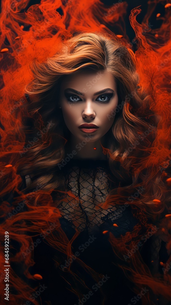 A beautiful young woman with a powerful appearance, red hair, wearing a black transparent dress. A thick, red mist envelops the woman. The look of the femme fatale. 