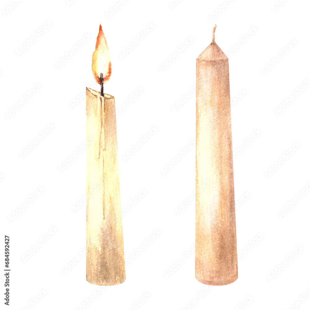 Watercolor set of burning and extinguished white end red wax candles with candlewick Hand drawn illustration. Candlelight clipart for card, interiors, birthday, holiday. Isolated on white background Watercolor set of burning and extinguished white end red wax candles with candlewick Hand drawn illustration. Candlelight clipart for card, interiors, birthday, holiday. Isolated on white background