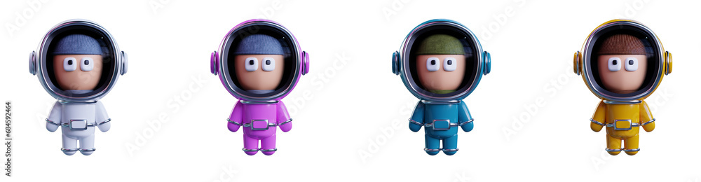 Four astronauts in different colors of spacesuit, 3D render. Front view. Four astronauts in different colors of spacesuit, 3D render. Front view.