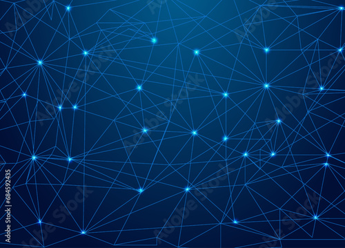 Connected shiny dots and lines on dark blue background. Geometric connected abstract background.