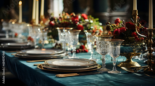 Banquet table with plates and glassware generated with Ai