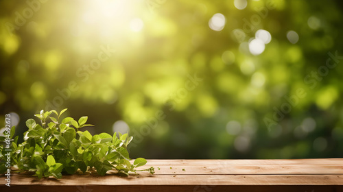 Beautiful Spring Background with Green lush young foliage and an empty wooden table outdoors Generated Ai