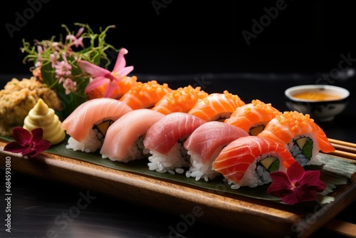 Japanese Food, Selection of Sushi Served on a Table: Exquisite Assortment of Traditional Nigiri and Rolls Presented Elegantly